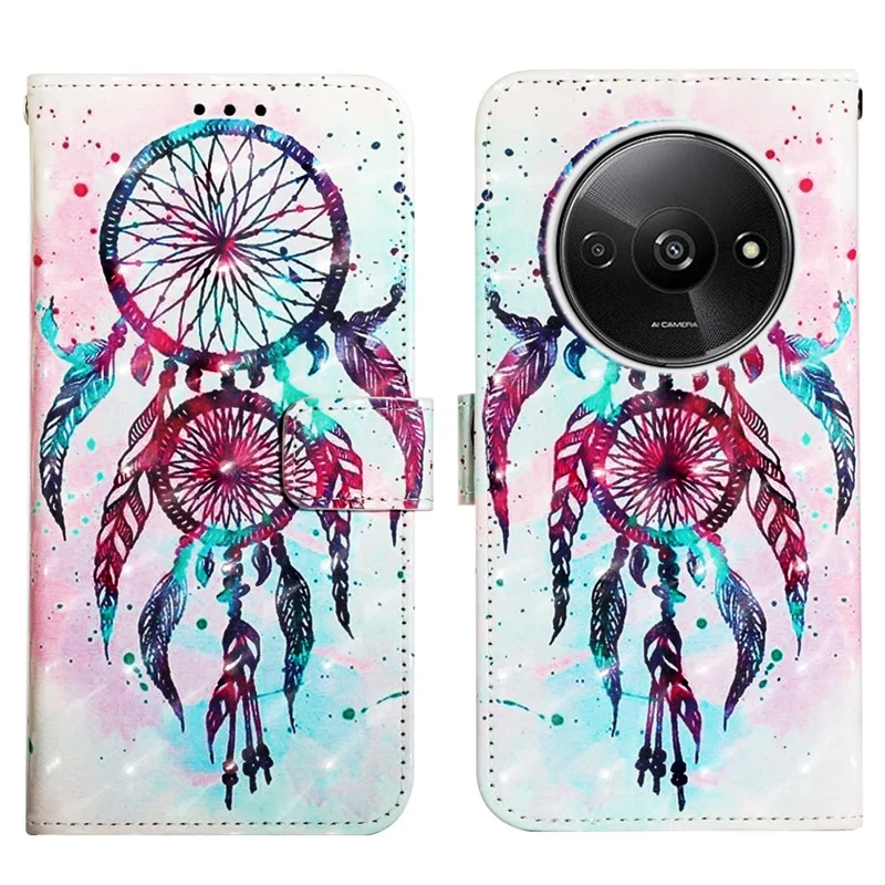 For Xiaomi Redmi A3 4G / Poco C61 4G Leather Case 3D Pattern Printing Wallet Stand Mobile Cover with Strap - Colorful Wind Chime
