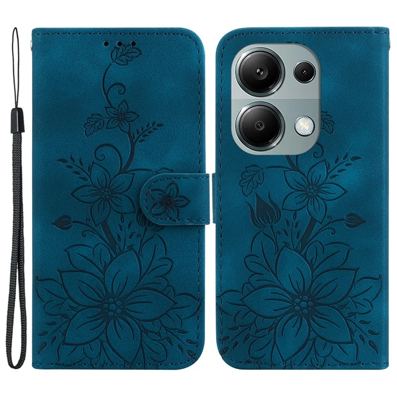 For Xiaomi Redmi Note 13 Pro 4G / Poco M6 Pro 4G Leather Case Flower Imprint Foldable Stand Phone Cover - Dark Blue