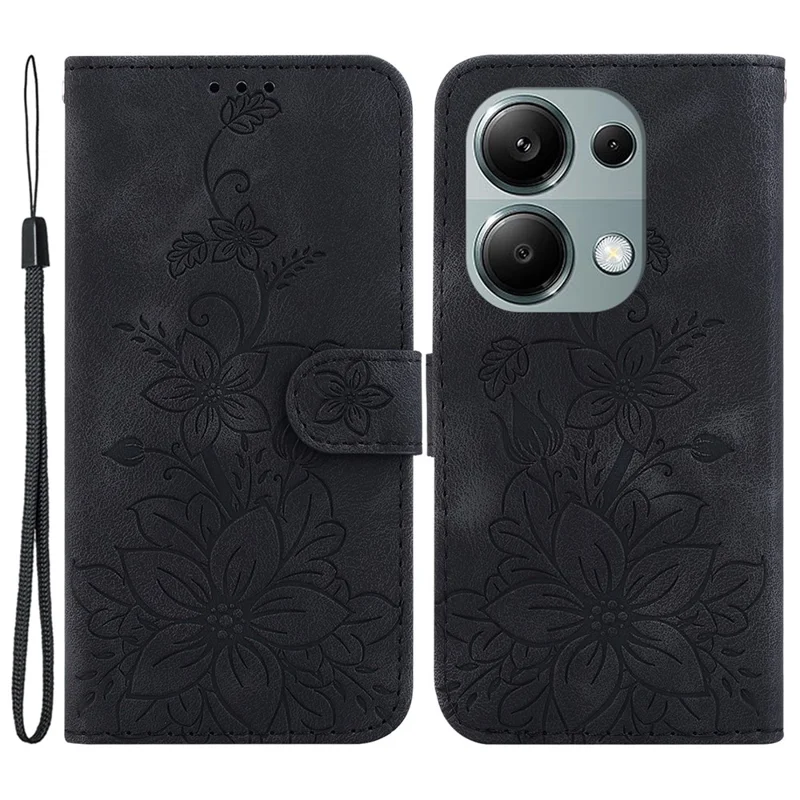 For Xiaomi Redmi Note 13 Pro 4G / Poco M6 Pro 4G Leather Case Flower Imprint Foldable Stand Phone Cover - Black