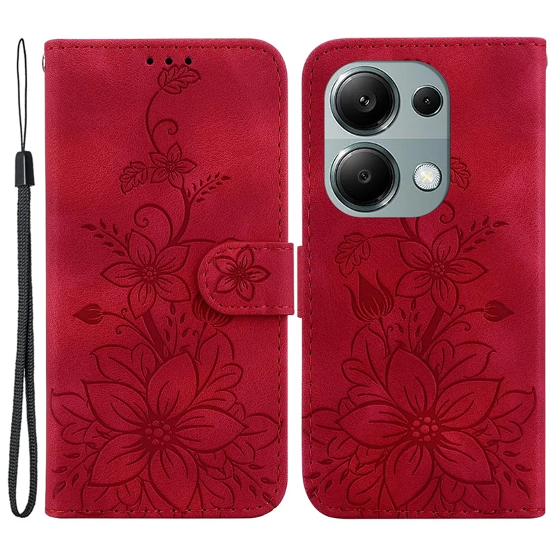 For Xiaomi Redmi Note 13 Pro 4G / Poco M6 Pro 4G Leather Case Flower Imprint Foldable Stand Phone Cover - Red