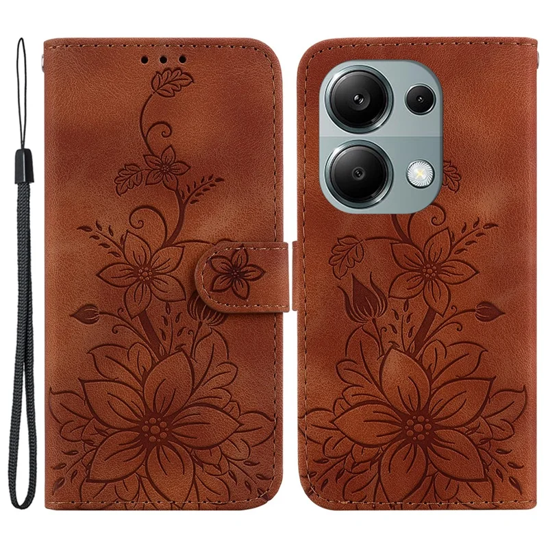 For Xiaomi Redmi Note 13 Pro 4G / Poco M6 Pro 4G Leather Case Flower Imprint Foldable Stand Phone Cover - Brown