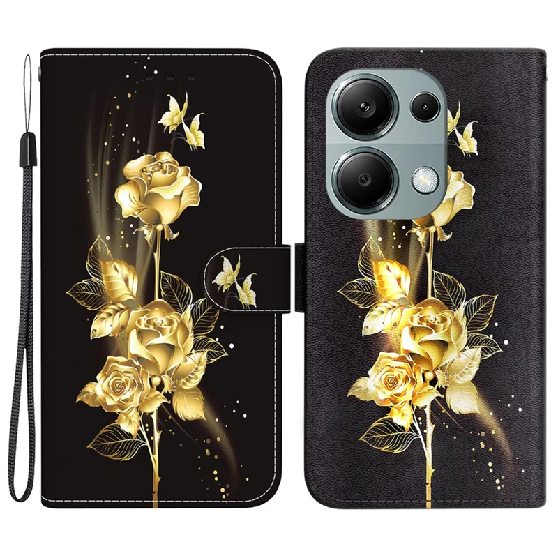 For Xiaomi Redmi Note 13 Pro 4G / Poco M6 Pro 4G Case Printed Pattern Wallet Leather Phone Cover - Gold Butterfly Rose