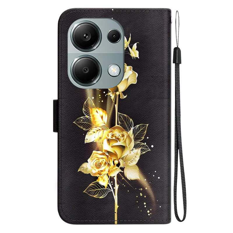 For Xiaomi Redmi Note 13 Pro 4G / Poco M6 Pro 4G Case Printed Pattern Wallet Leather Phone Cover - Gold Butterfly Rose