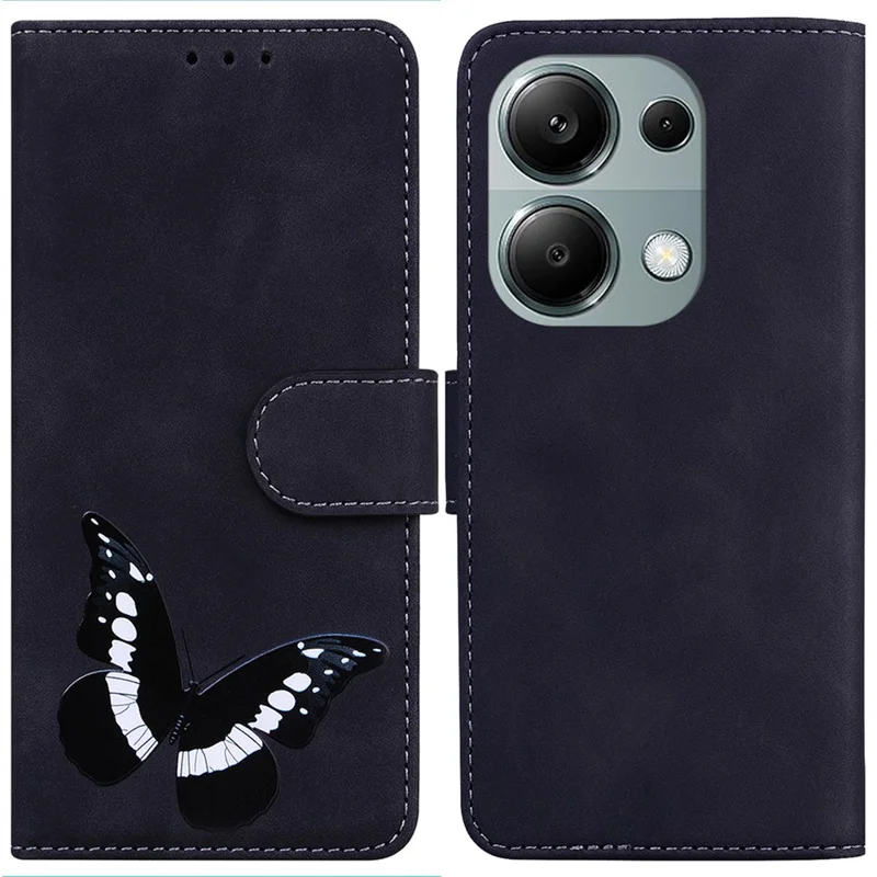 Para Xiaomi Redmi Note 13 Pro 4G / Poco M6 Pro 4G Capa Carteira de Couro PU com Estampa de Borboleta - Preto