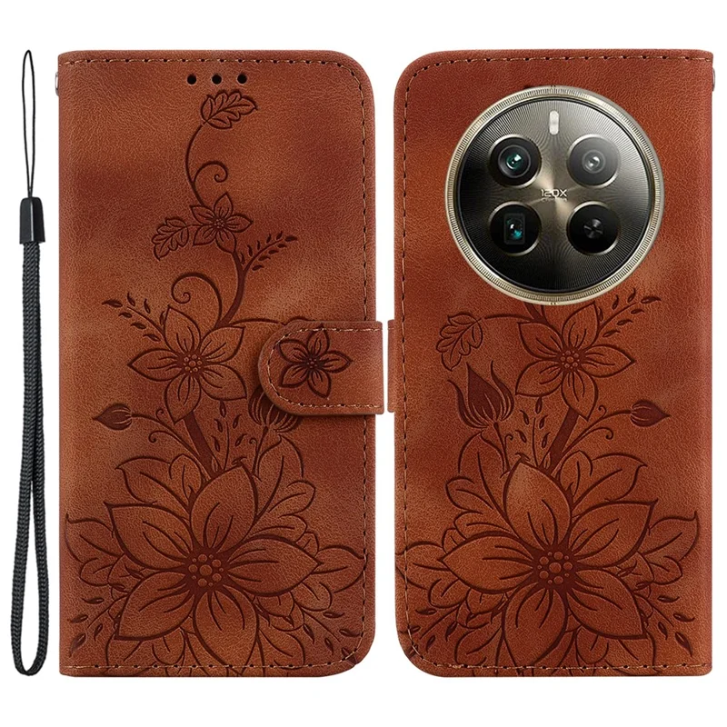 For Realme 12 Pro 5G / 12 Pro+ 5G Leather Case Stand Wallet Phone Cover Flower Pattern - Brown