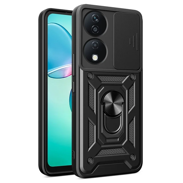 For Honor X7b 4G / 90 Smart Case PC+TPU Robust stoßfest Telefonabdeckung mit Schiebe-Linsenfenster - Schwarz
