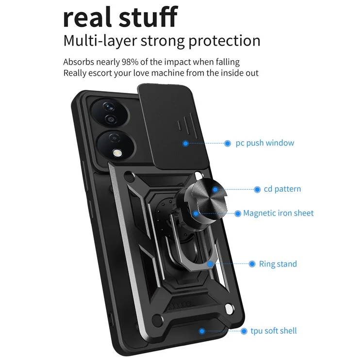 For Honor X7b 4G / 90 Smart Case PC+TPU Robust stoßfest Telefonabdeckung mit Schiebe-Linsenfenster - Schwarz