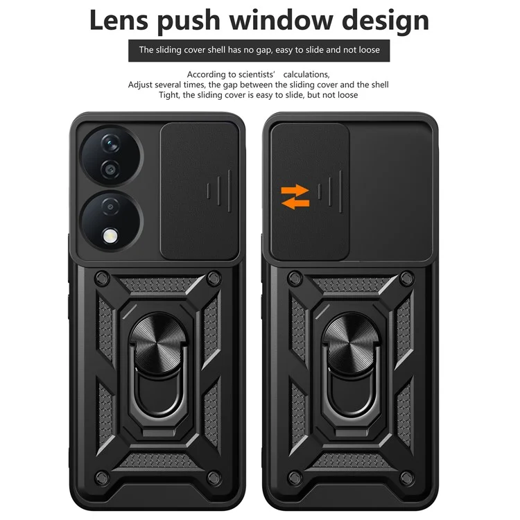 For Honor X7b 4G / 90 Smart Case PC+TPU Robust stoßfest Telefonabdeckung mit Schiebe-Linsenfenster - Schwarz