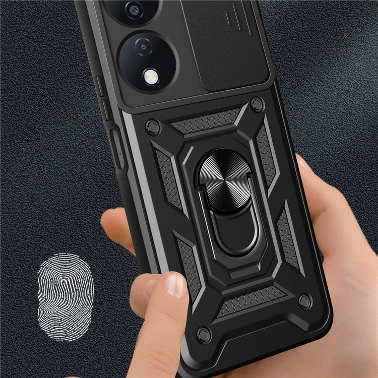 For Honor X7b 4G / 90 Smart Case PC+TPU Robust stoßfest Telefonabdeckung mit Schiebe-Linsenfenster - Schwarz