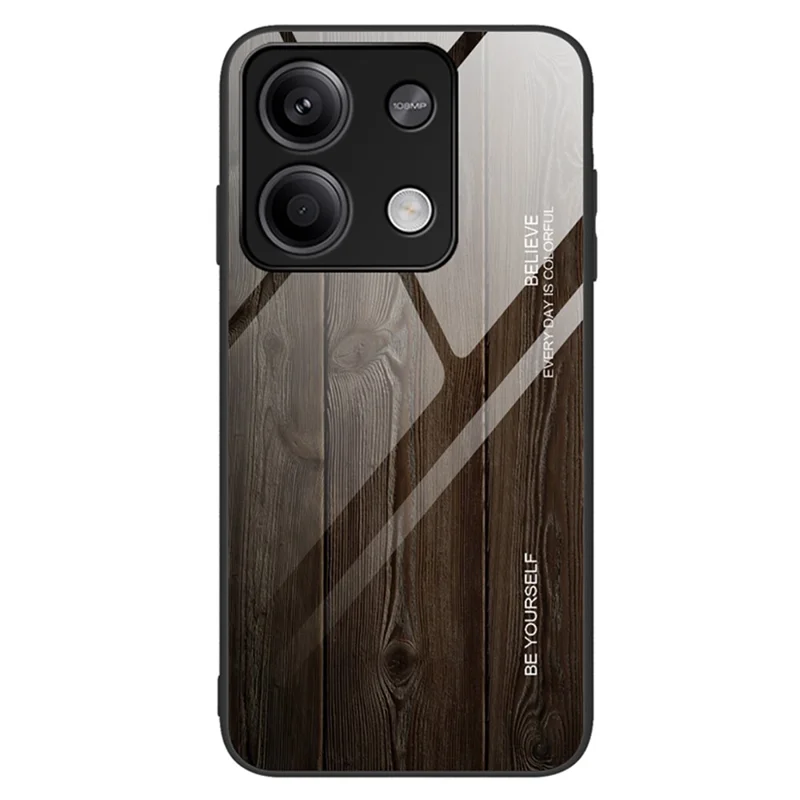 For Xiaomi Redmi Note 13 5G Tempered Glass Case TPU Frame Wood Texture Phone Cover - Black
