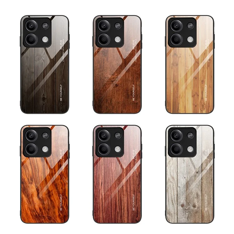For Xiaomi Redmi Note 13 5G Tempered Glass Case TPU Frame Wood Texture Phone Cover - Black
