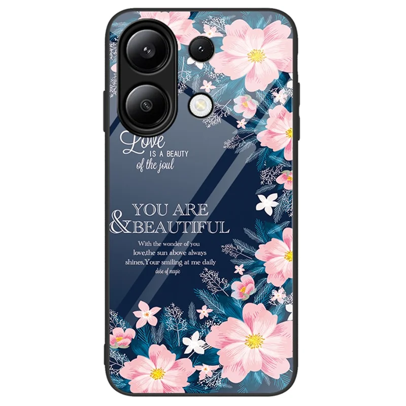 For Xiaomi Redmi Note 13 4G Case Pattern Printing Tempered Glass+PC+TPU Phone Cover - Pink Flowers