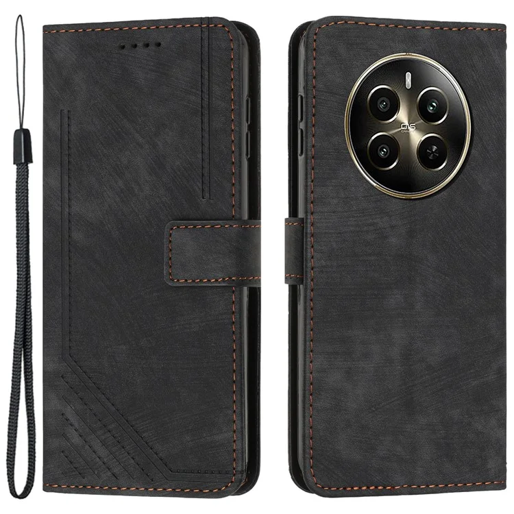 Für Realme 12 Pro 5G / 12 Pro+ 5G Wallet Case Lines Imprinted Card Holder Phone Cover - Schwarz