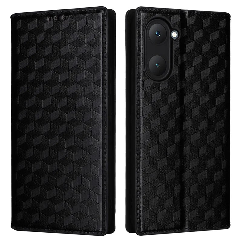 For vivo Y28s 5G / T3 Lite 5G / Y03 / Y18 4G / Y18e 4G Protective Case Magnetic Closing Rhombus Imprinting Leather Phone Shell - Black