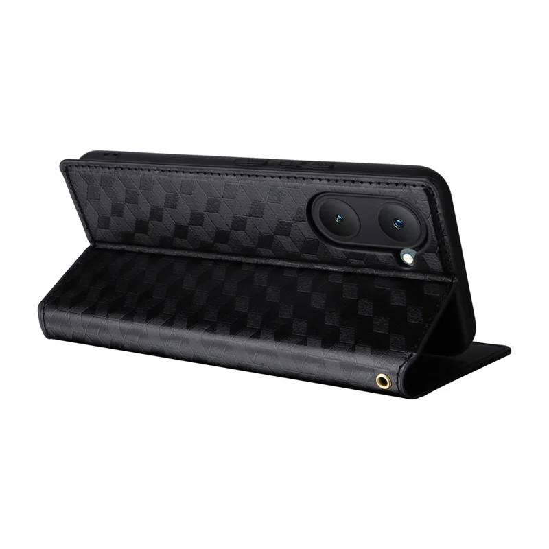 For vivo Y28s 5G / T3 Lite 5G / Y03 / Y18 4G / Y18e 4G Protective Case Magnetic Closing Rhombus Imprinting Leather Phone Shell - Black