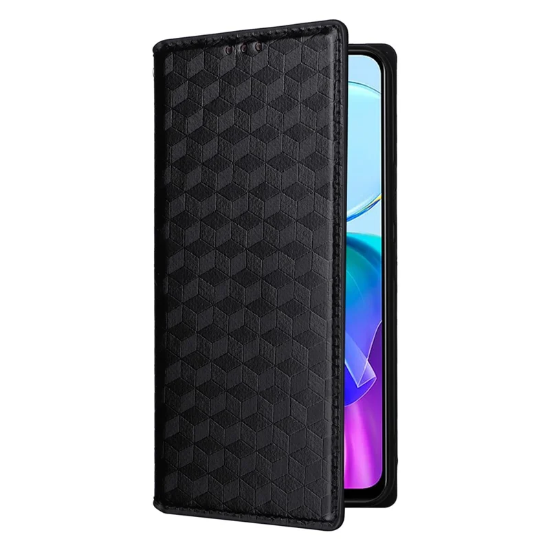 For vivo Y28s 5G / T3 Lite 5G / Y03 / Y18 4G / Y18e 4G Protective Case Magnetic Closing Rhombus Imprinting Leather Phone Shell - Black