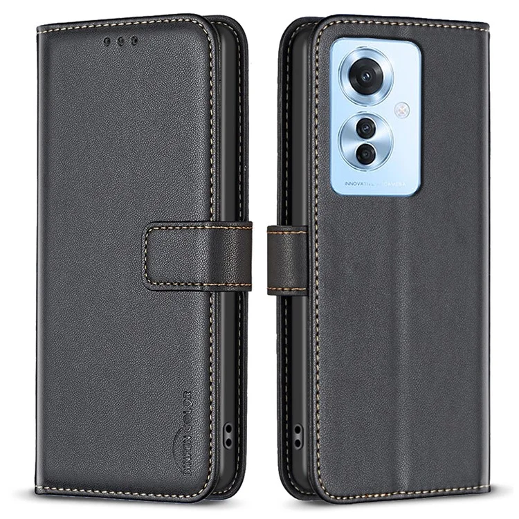 BINFEN COLOR BF17 Para o Caso do Oppo Reno11 F 5G Fechamento Magnético Folio Stand Capa de Telefone - Preto