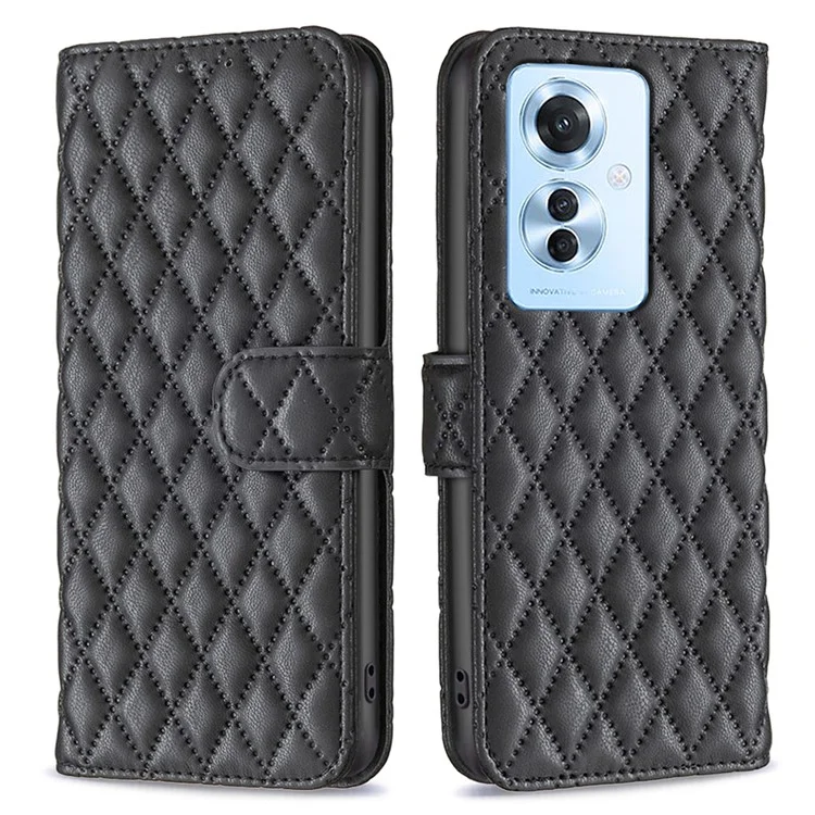 BINFEN COLOR BF Style-14 For Oppo Reno11 F 5G Phone Cover PU Leather+TPU Rhombus Grid Case - Black