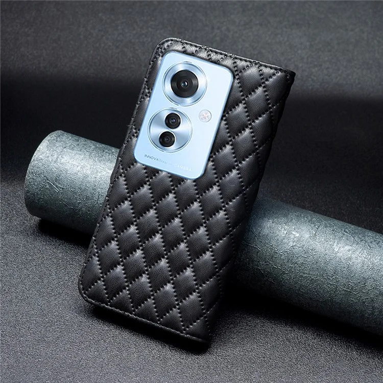 BINFEN COLOR BF Style-14 For Oppo Reno11 F 5G Phone Cover PU Leather+TPU Rhombus Grid Case - Black