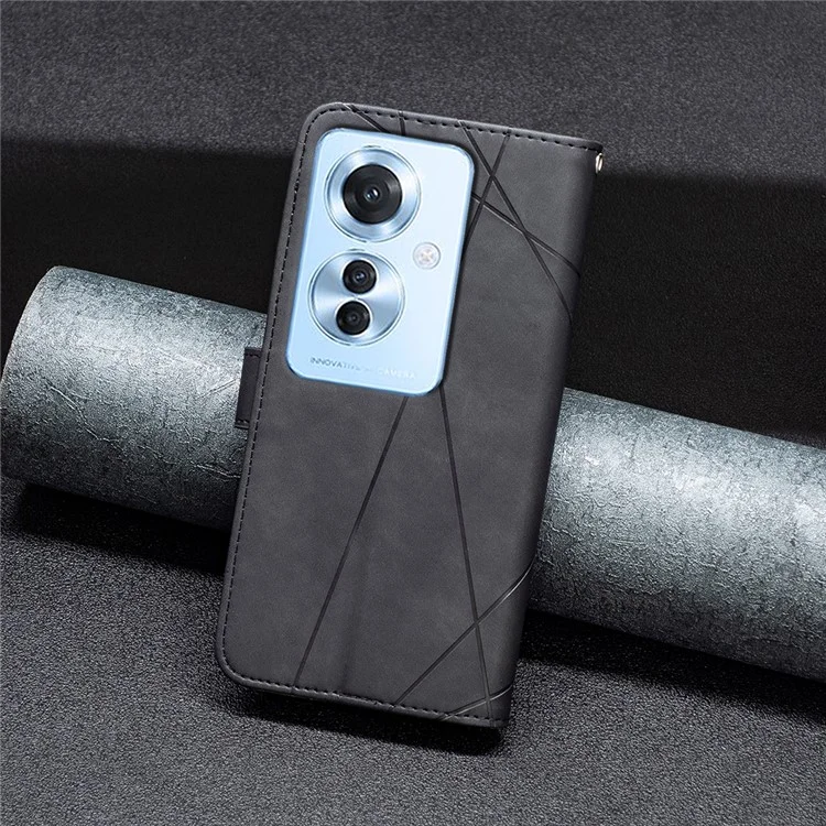 BINFEN COLOR For Oppo Reno11 F 5G Phone Cases Wallet Stand Geometry Imprinted Leather Cover - Black