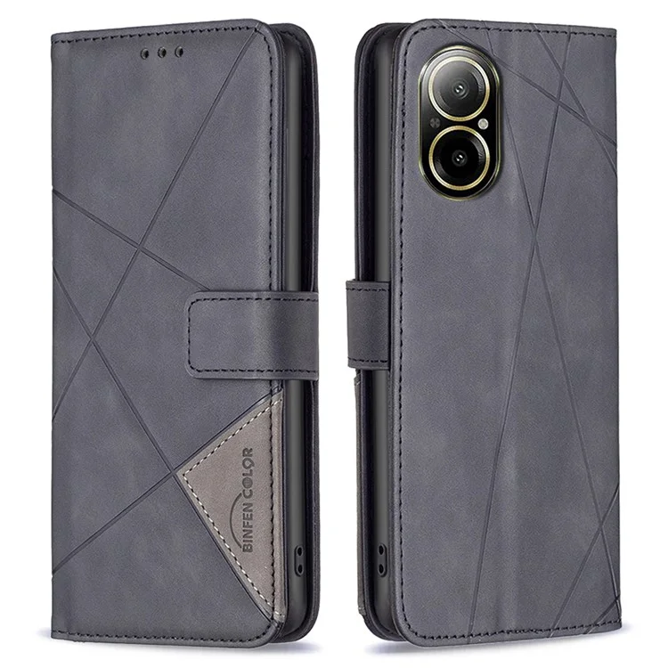 BINFEN COLOR For Realme C67 4G Phone Cases Wallet Stand Geometry Imprinted Leather Cover - Black