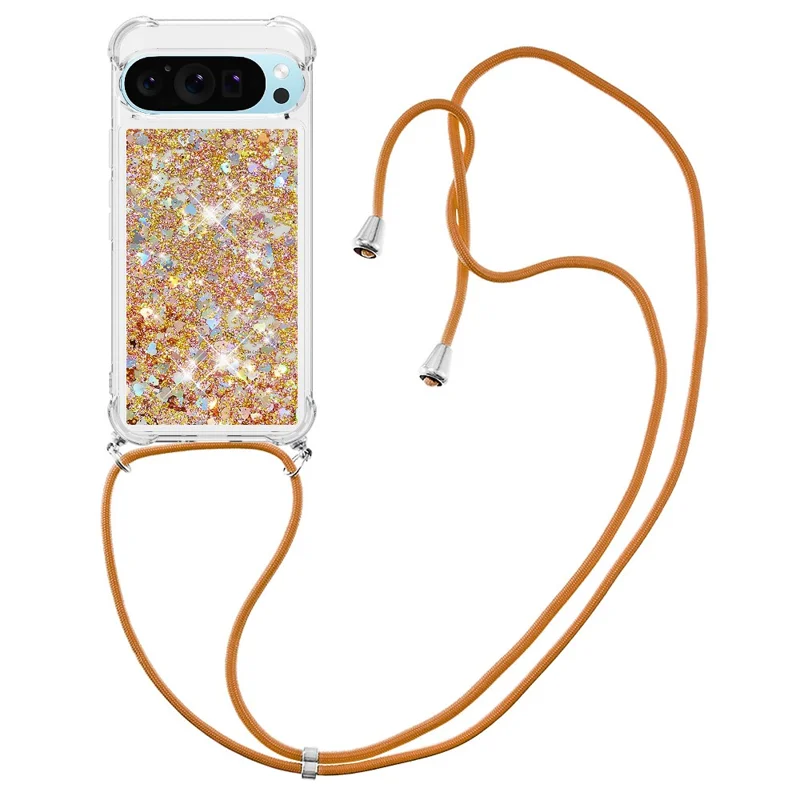 For Google Pixel 9 Pro XL TPU Case Quicksand Design Phone Cover with Lanyard - Gold / Hearts