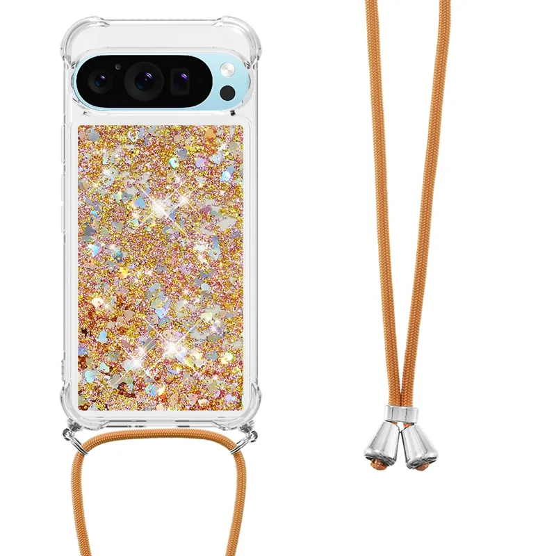 For Google Pixel 9 Pro XL TPU Case Quicksand Design Phone Cover with Lanyard - Gold / Hearts