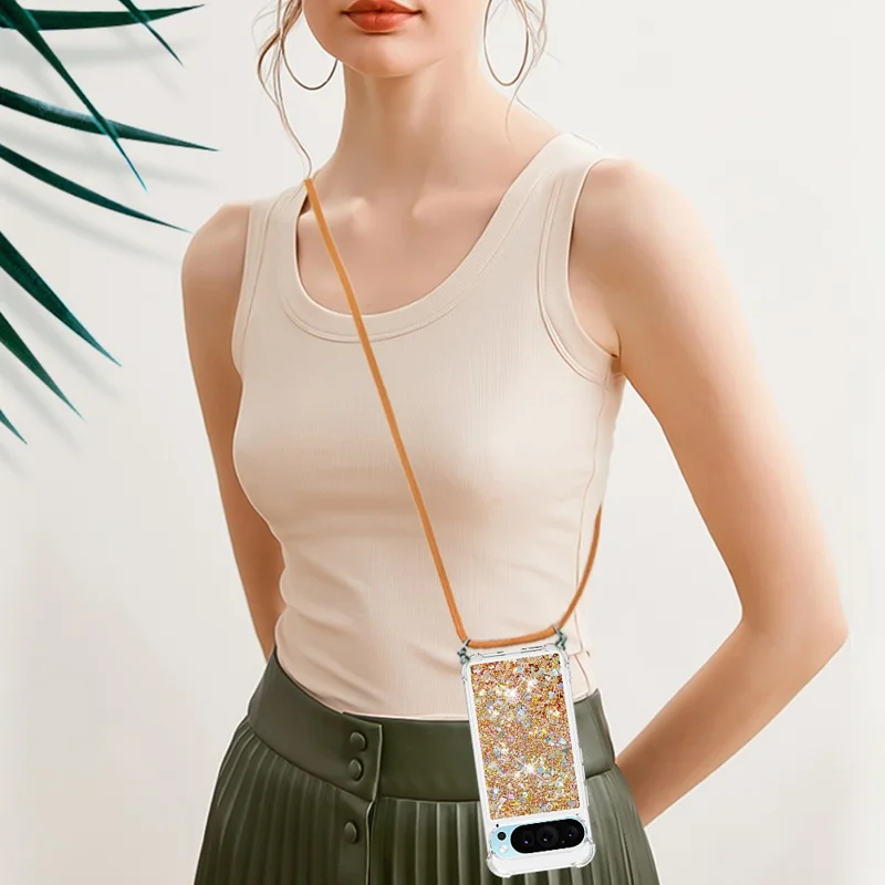 For Google Pixel 9 Pro XL TPU Case Quicksand Design Phone Cover with Lanyard - Gold / Hearts