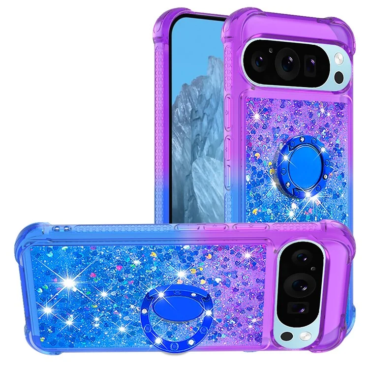 For Google Pixel 9 Pro XL TPU Case with Kickstand Gradiant Quicksand Shockproof Cover - Purple+Sky Blue