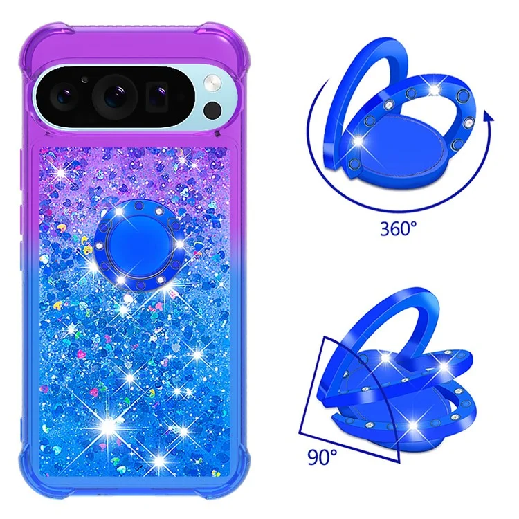 For Google Pixel 9 Pro XL TPU Case with Kickstand Gradiant Quicksand Shockproof Cover - Purple+Sky Blue