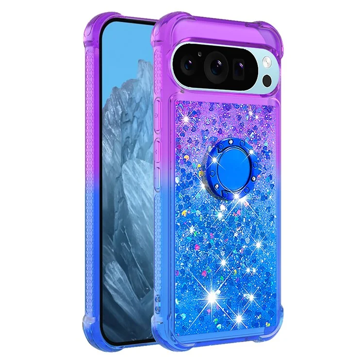 For Google Pixel 9 Pro XL TPU Case with Kickstand Gradiant Quicksand Shockproof Cover - Purple+Sky Blue