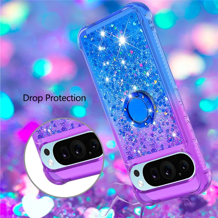 For Google Pixel 9 Pro XL TPU Case with Kickstand Gradiant Quicksand Shockproof Cover - Purple+Sky Blue