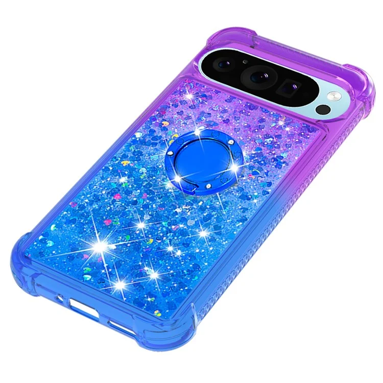 For Google Pixel 9 Pro XL TPU Case with Kickstand Gradiant Quicksand Shockproof Cover - Purple+Sky Blue