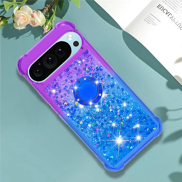 For Google Pixel 9 Pro XL TPU Case with Kickstand Gradiant Quicksand Shockproof Cover - Purple+Sky Blue