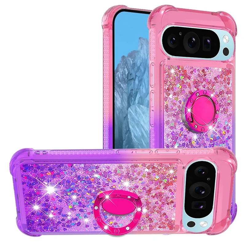 For Google Pixel 9 Pro XL TPU Case with Kickstand Gradiant Quicksand Shockproof Cover - Pink+Purple