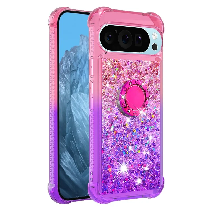 For Google Pixel 9 Pro XL TPU Case with Kickstand Gradiant Quicksand Shockproof Cover - Pink+Purple