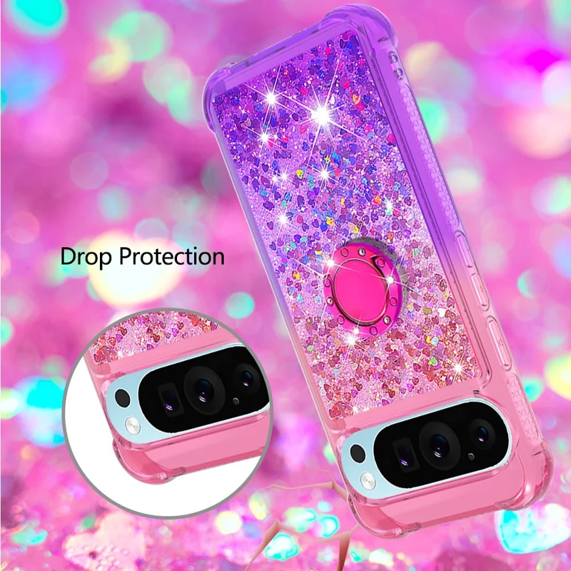 For Google Pixel 9 Pro XL TPU Case with Kickstand Gradiant Quicksand Shockproof Cover - Pink+Purple