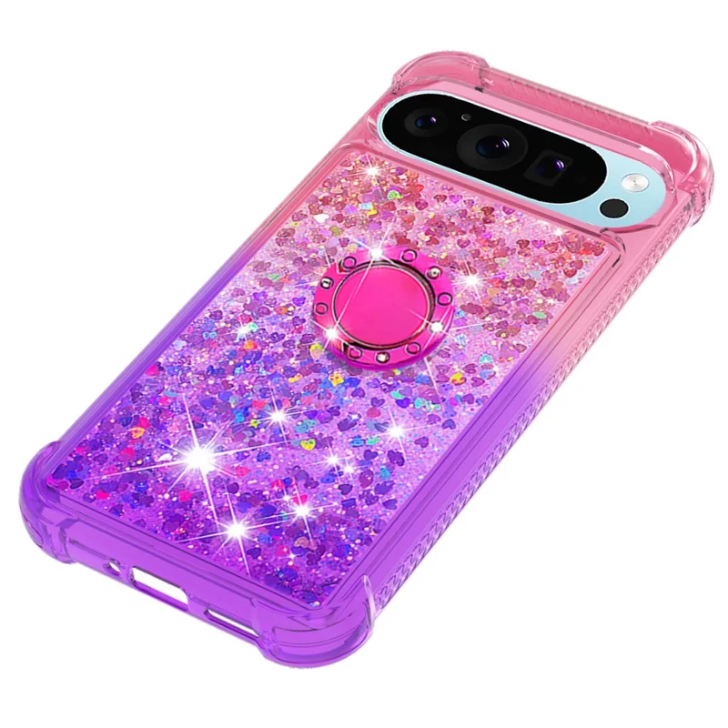 For Google Pixel 9 Pro XL TPU Case with Kickstand Gradiant Quicksand Shockproof Cover - Pink+Purple