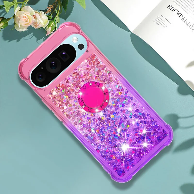 For Google Pixel 9 Pro XL TPU Case with Kickstand Gradiant Quicksand Shockproof Cover - Pink+Purple