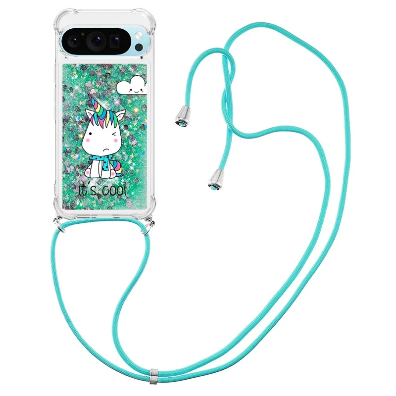 For Google Pixel 9 Pro XL TPU Case with Lanyard Quicksand Pattern Print Phone Cover - Sitting Horse