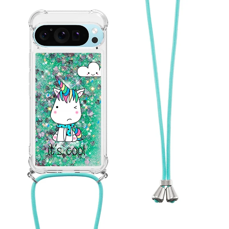 For Google Pixel 9 Pro XL TPU Case with Lanyard Quicksand Pattern Print Phone Cover - Sitting Horse