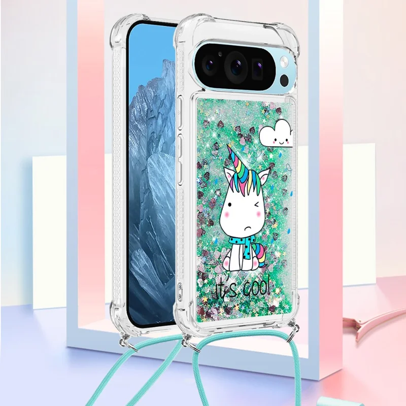 For Google Pixel 9 Pro XL TPU Case with Lanyard Quicksand Pattern Print Phone Cover - Sitting Horse