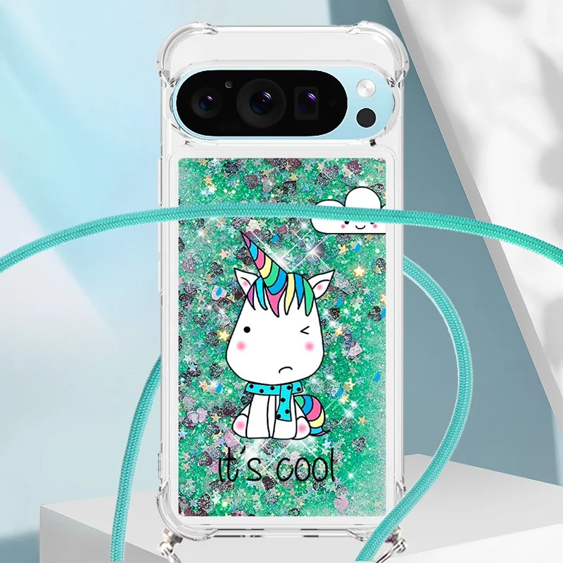 For Google Pixel 9 Pro XL TPU Case with Lanyard Quicksand Pattern Print Phone Cover - Sitting Horse