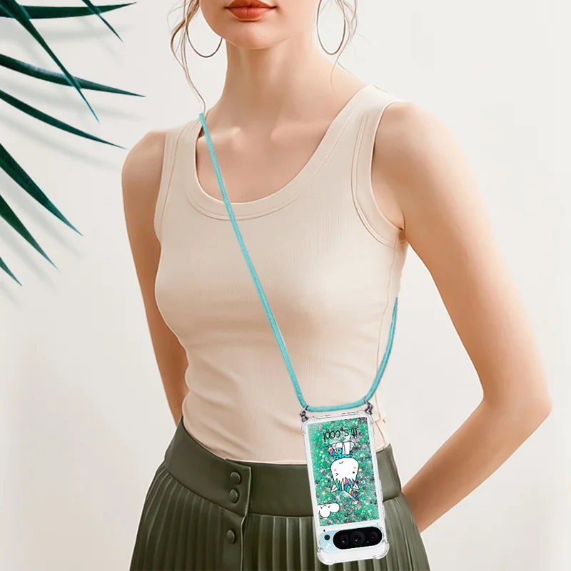 For Google Pixel 9 Pro XL TPU Case with Lanyard Quicksand Pattern Print Phone Cover - Sitting Horse