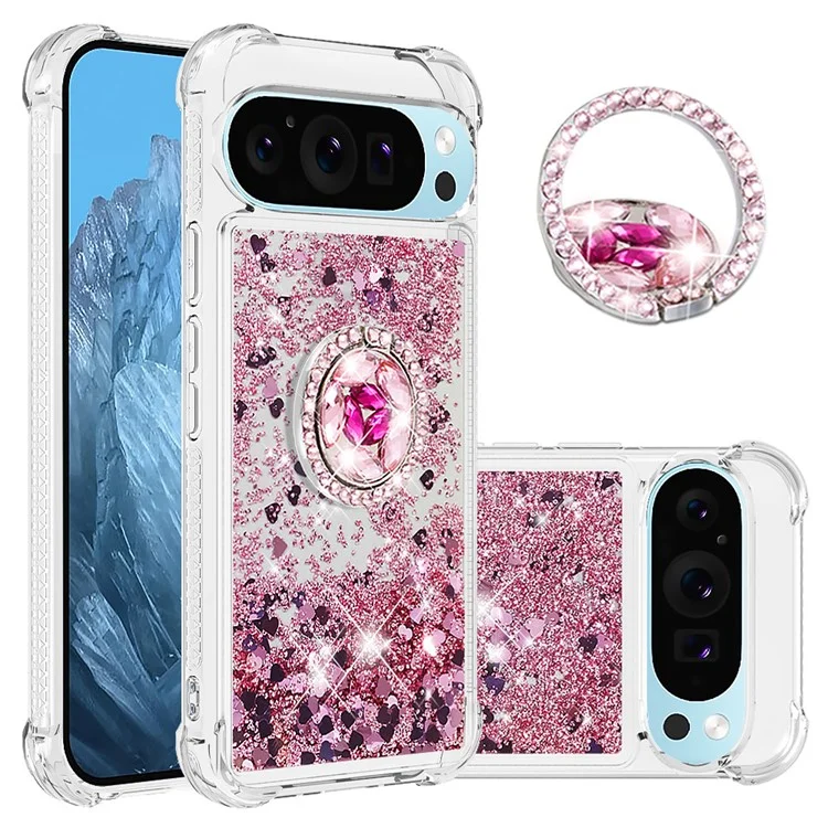 YB Quicksand Series-7 For Google Pixel 9 Pro Case Ring Kickstand Shiny Sequins TPU Cover - Rose Gold / Hearts