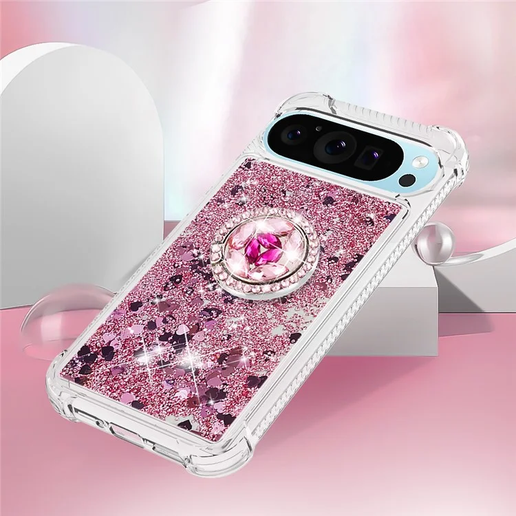 YB Quicksand Series-7 For Google Pixel 9 Pro Case Ring Kickstand Shiny Sequins TPU Cover - Rose Gold / Hearts