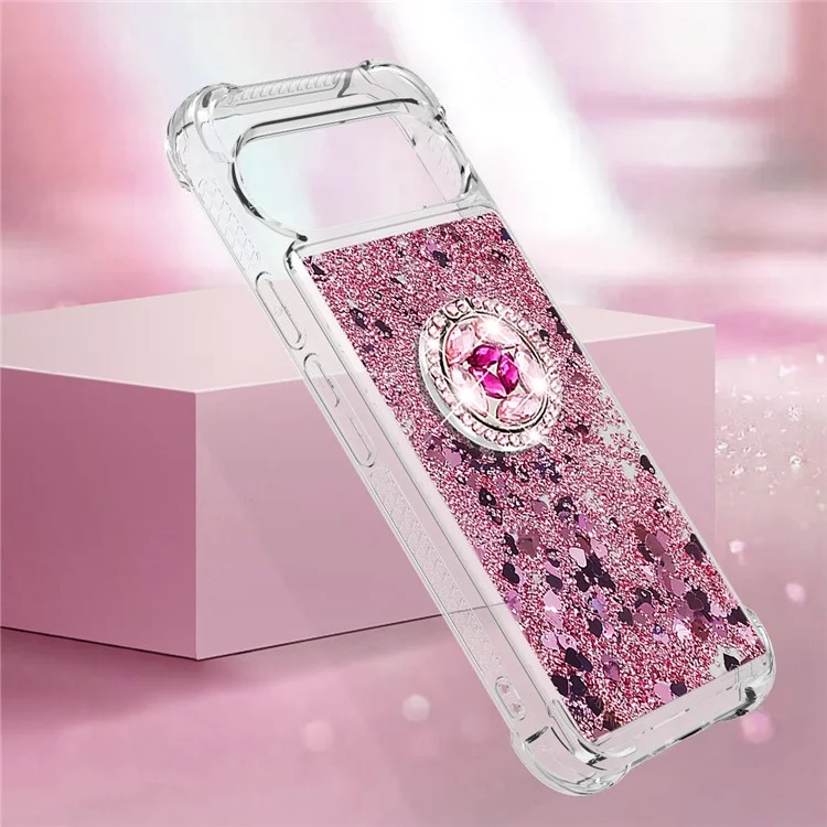 YB Quicksand Series-7 For Google Pixel 9 Pro Case Ring Kickstand Shiny Sequins TPU Cover - Rose Gold / Hearts