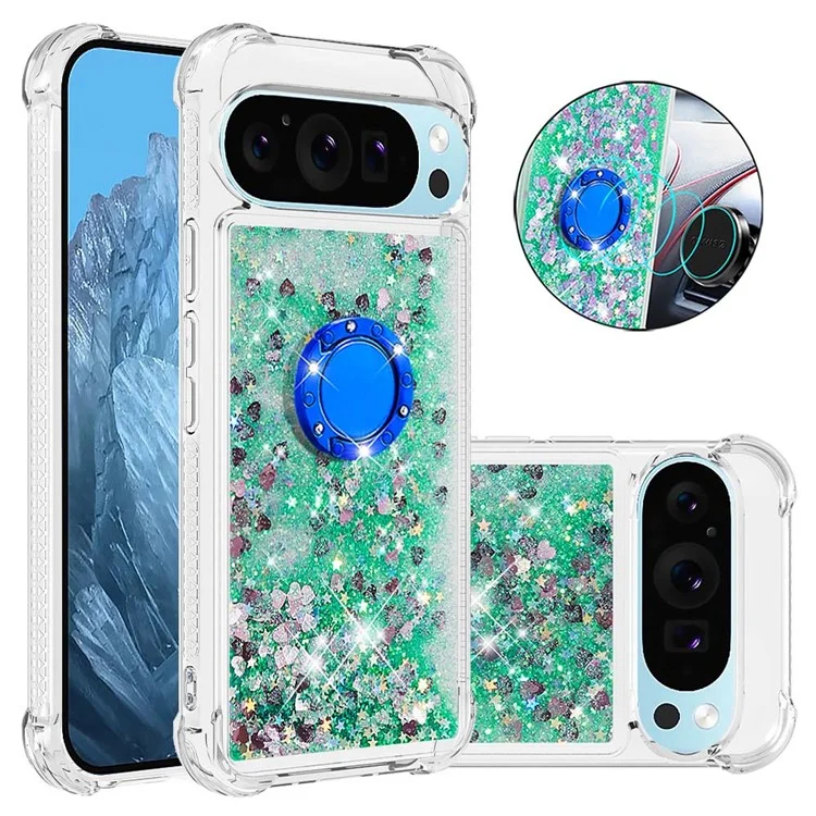 For Google Pixel 9 Pro XL TPU Case with Kickstand Quicksand Shockproof Cover - Green / Hearts