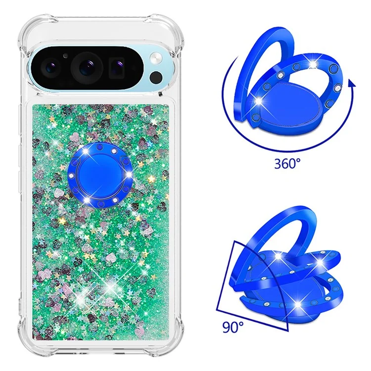 For Google Pixel 9 Pro XL TPU Case with Kickstand Quicksand Shockproof Cover - Green / Hearts