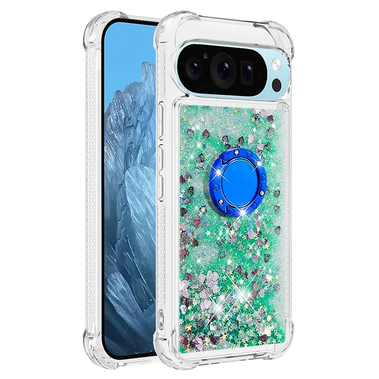 For Google Pixel 9 Pro XL TPU Case with Kickstand Quicksand Shockproof Cover - Green / Hearts